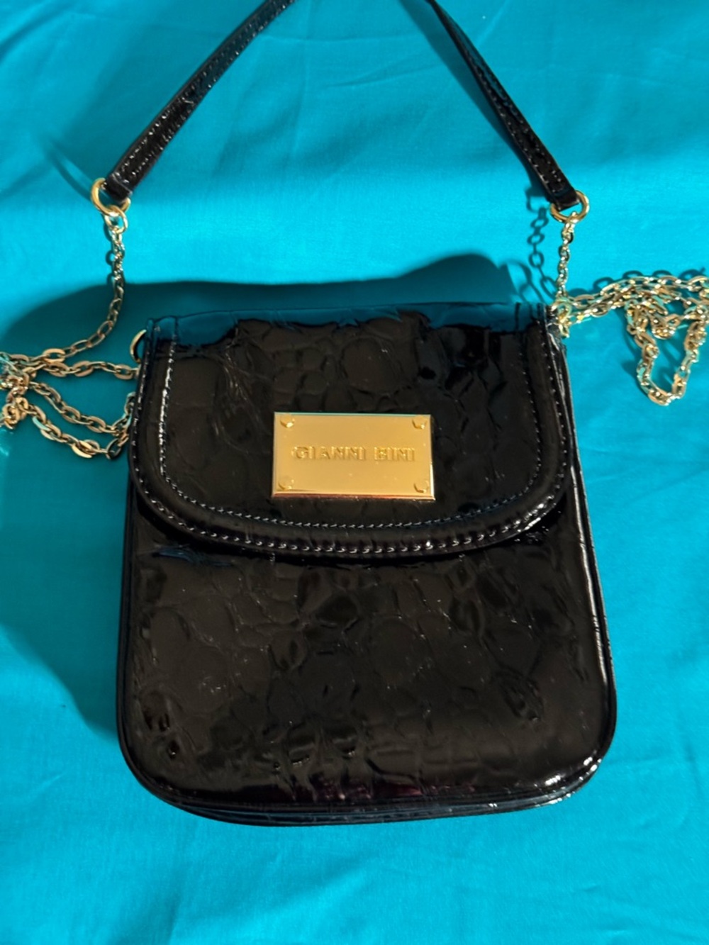 Gianni Bini Black Patent Crossbody with Gold Plate & Chain